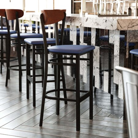 Flash Furniture Blue Vinyl Barstool with Walnut Wood Back, 2PK 2-XU-DG6V6BLV-WAL-GG